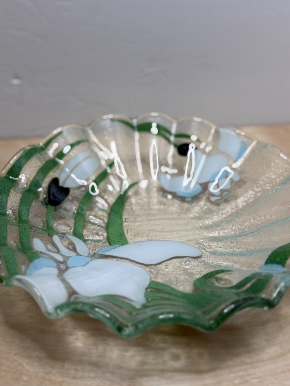 Vintage Decorative Glass Bowl with Green and White Floral Design